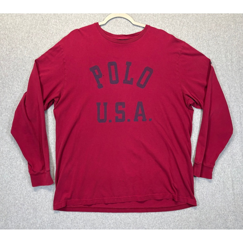 Polo Ralph Lauren Mens Long Sleeve T-Shirt Red Polo USA Graphic American Flag L